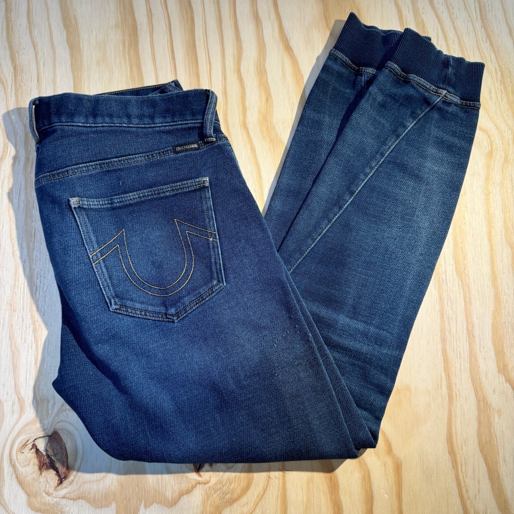 True Religion Men's Tapered Runner Denim Joggers Blue Dark Wash Knit Size 30